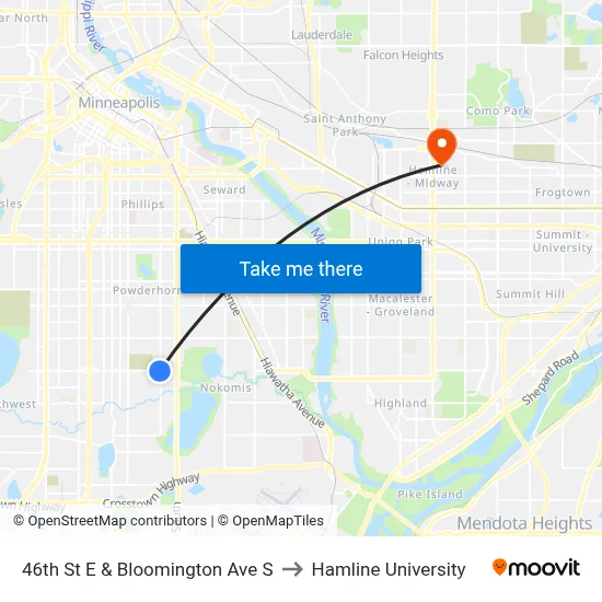 46th St E & Bloomington Ave S to Hamline University map