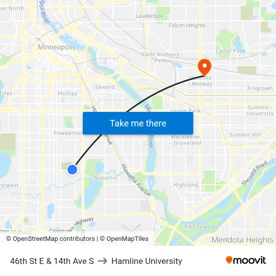 46th St E & 14th Ave S to Hamline University map