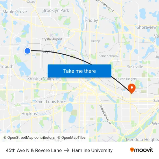 45th Ave N & Revere Lane to Hamline University map
