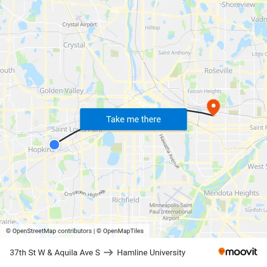 37th St W & Aquila Ave S to Hamline University map