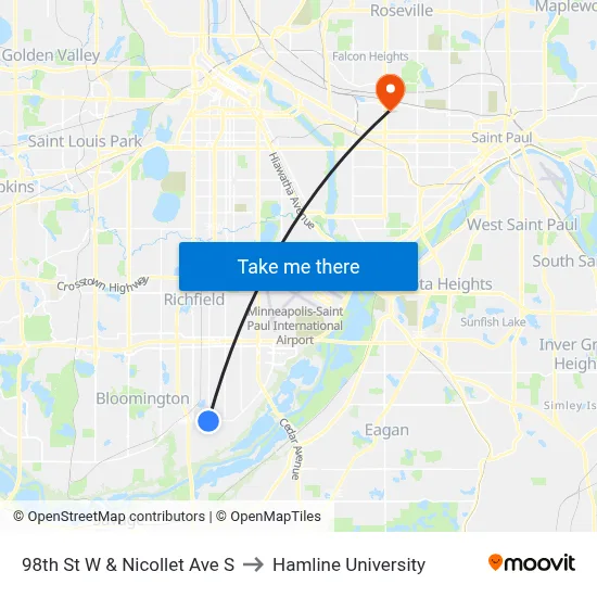 98th St W & Nicollet Ave S to Hamline University map