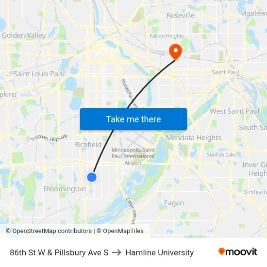 86th St W & Pillsbury Ave S to Hamline University map