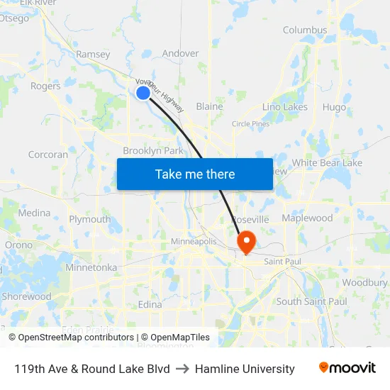 119th Ave & Round Lake Blvd to Hamline University map