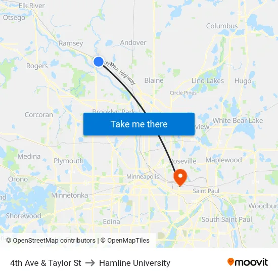 4th Ave & Taylor St to Hamline University map