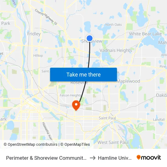 Perimeter & Shoreview Community Center to Hamline University map