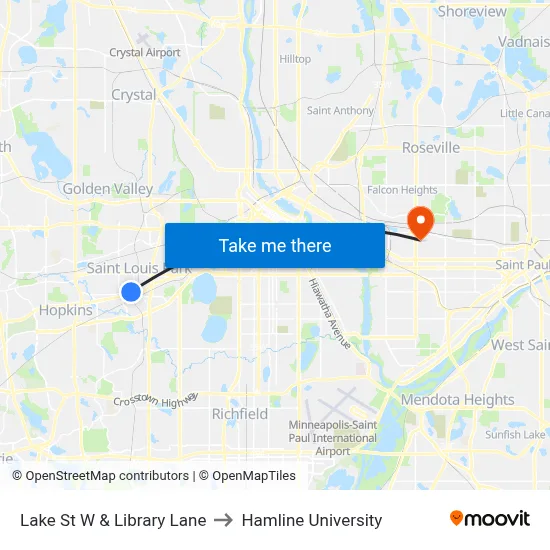 Lake St W & Library Lane to Hamline University map