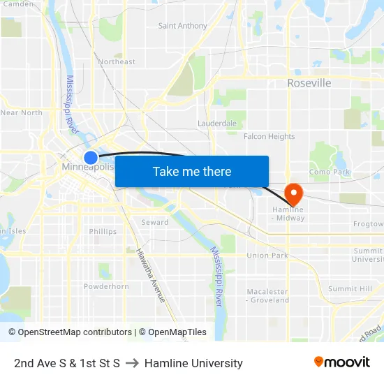 2nd Ave S & 1st St S to Hamline University map