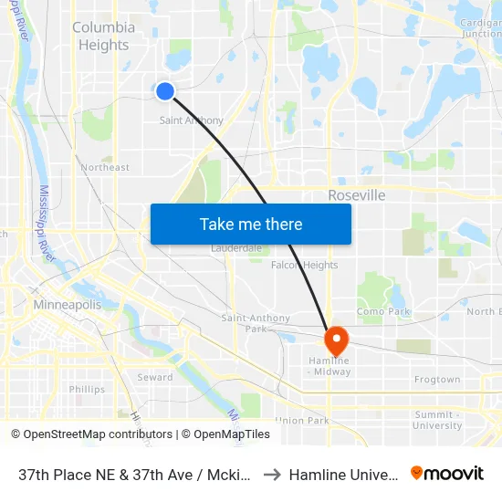 37th Place NE & 37th Ave / Mckinley St to Hamline University map