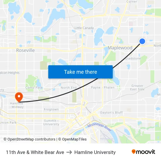 11th Ave & White Bear Ave to Hamline University map