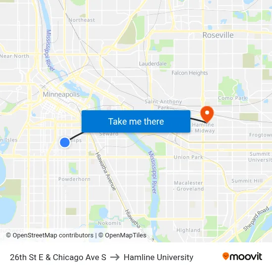 26th St E & Chicago Ave S to Hamline University map