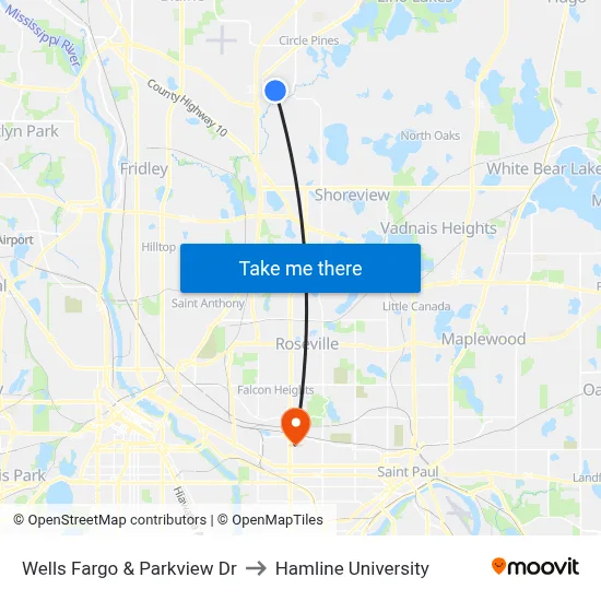 Wells Fargo & Parkview Dr to Hamline University map