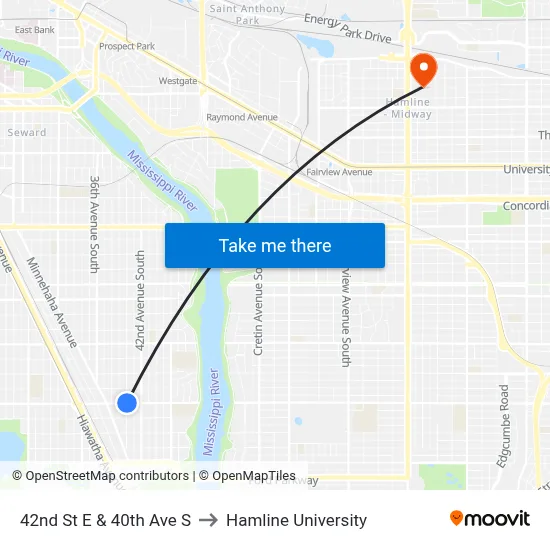 42nd St E & 40th Ave S to Hamline University map