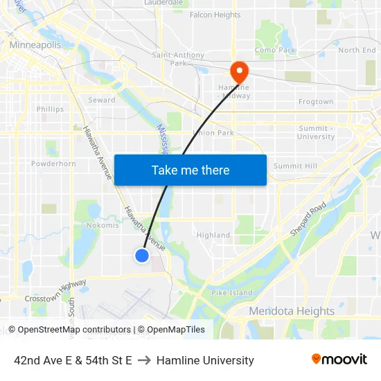 42nd Ave E & 54th St E to Hamline University map