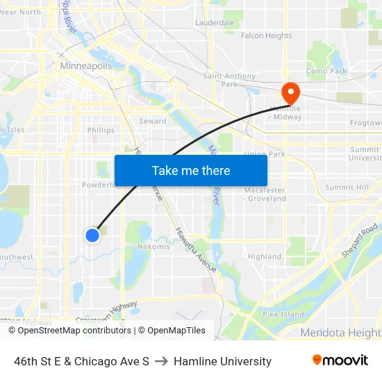 46th St E & Chicago Ave S to Hamline University map