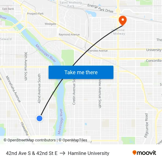 42nd Ave S & 42nd St E to Hamline University map