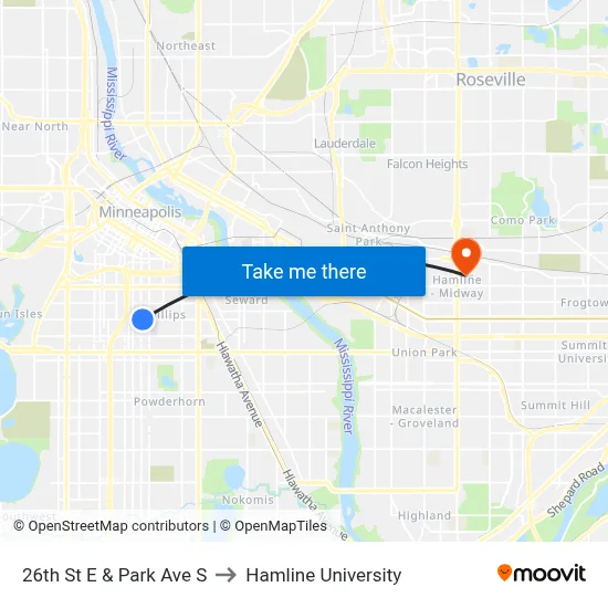 26th St E & Park Ave S to Hamline University map
