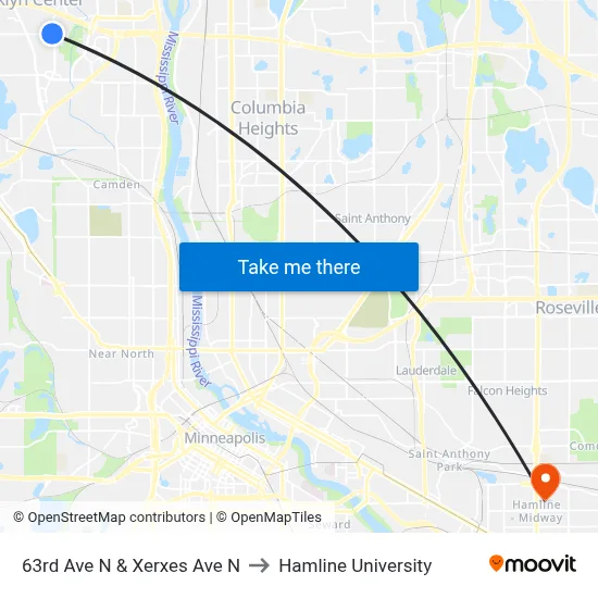 63rd Ave N & Xerxes Ave N to Hamline University map