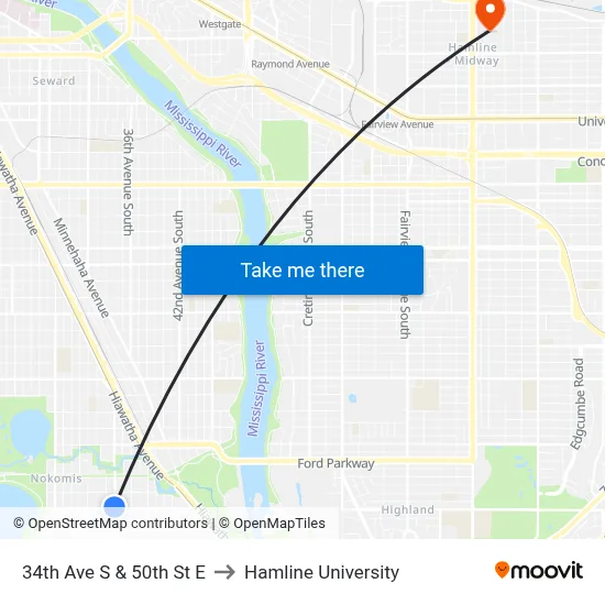 34th Ave S & 50th St E to Hamline University map