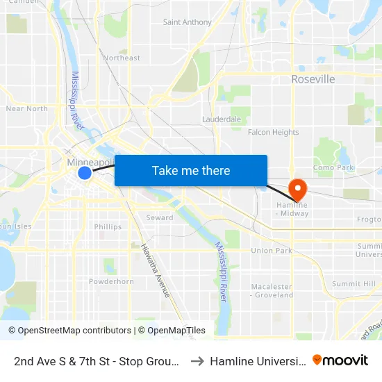 2nd Ave S & 7th St - Stop Group F to Hamline University map