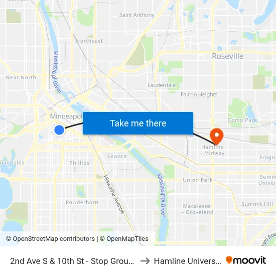 2nd Ave S & 10th St - Stop Group H to Hamline University map