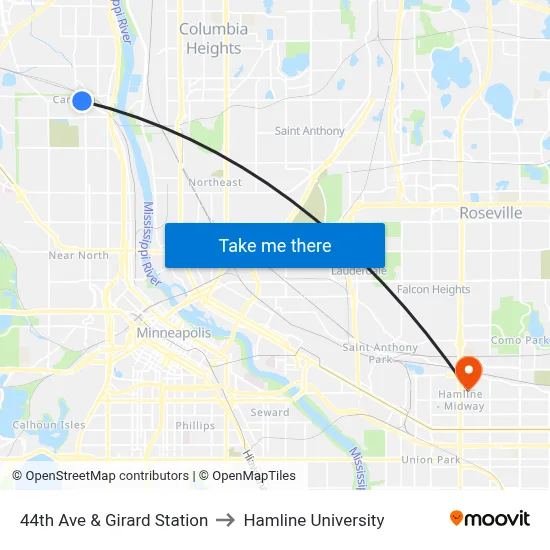 44th Ave & Girard Station to Hamline University map