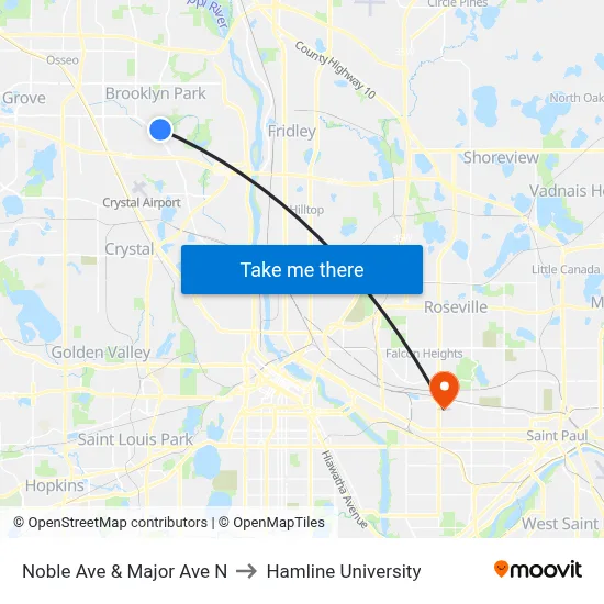 Noble Ave & Major Ave N to Hamline University map