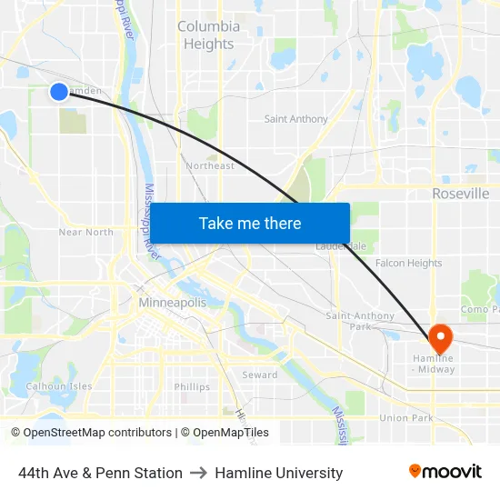 44th Ave & Penn Station to Hamline University map