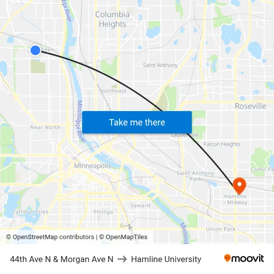 44th Ave N & Morgan Ave N to Hamline University map