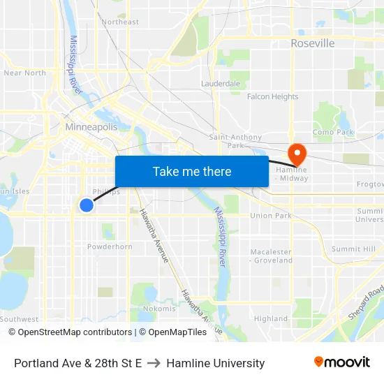 Portland Ave & 28th St E to Hamline University map