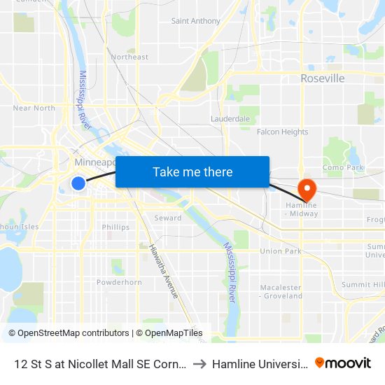 12 St S at Nicollet Mall SE Corner to Hamline University map