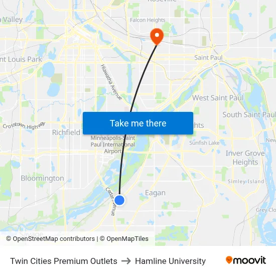 Twin Cities Premium Outlets to Hamline University map