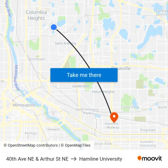 40th Ave NE & Arthur St NE to Hamline University map