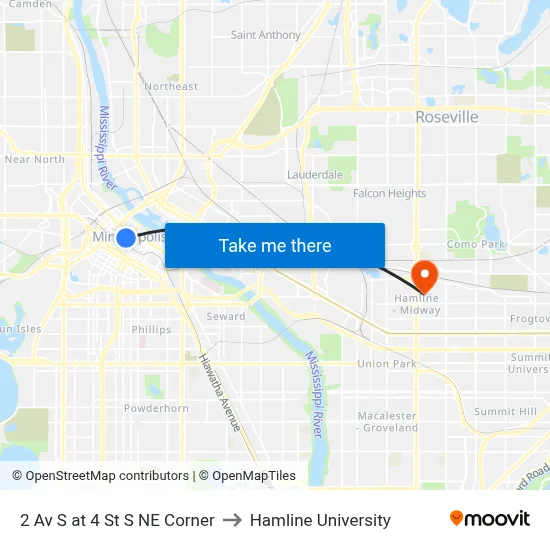 2 Av S at 4 St S NE Corner to Hamline University map