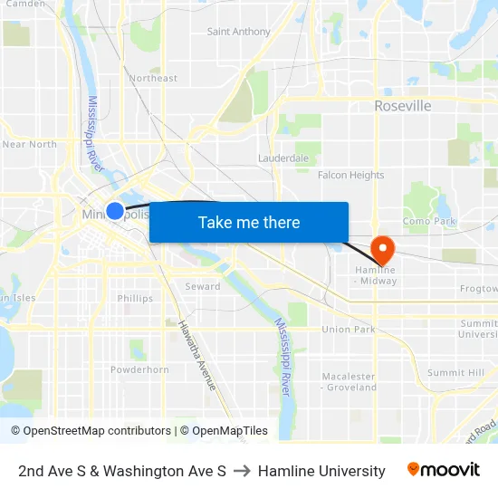 2nd Ave S & Washington Ave S to Hamline University map