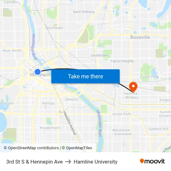 3rd St S & Hennepin Ave to Hamline University map