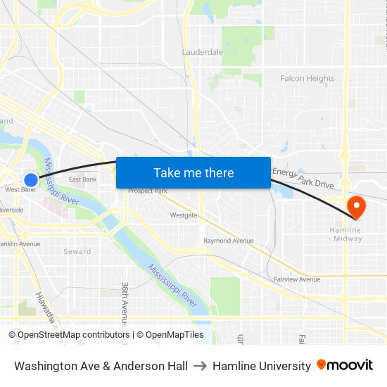 Washington Ave & Anderson Hall to Hamline University map