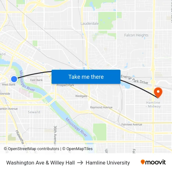 Washington Ave & Willey Hall to Hamline University map