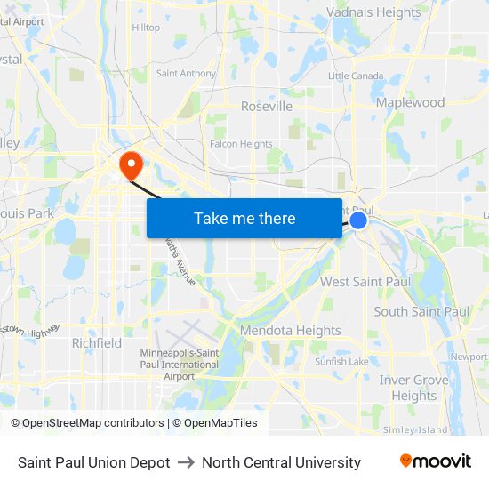 Saint Paul Union Depot to North Central University map