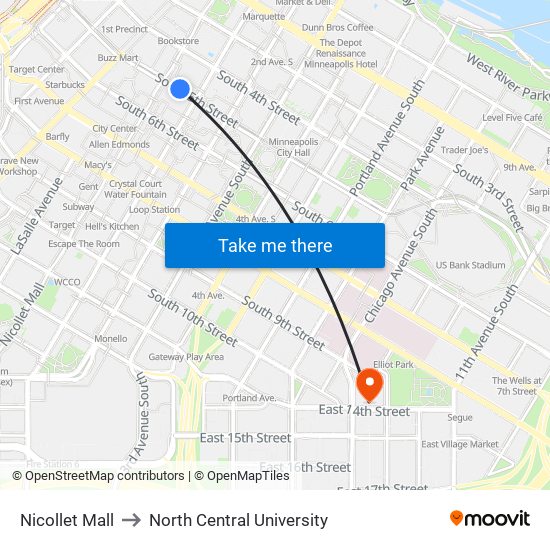 Nicollet Mall to North Central University map