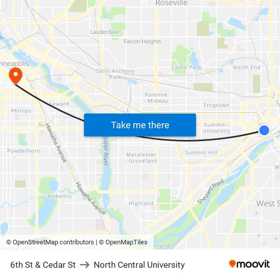 6th St & Cedar St to North Central University map