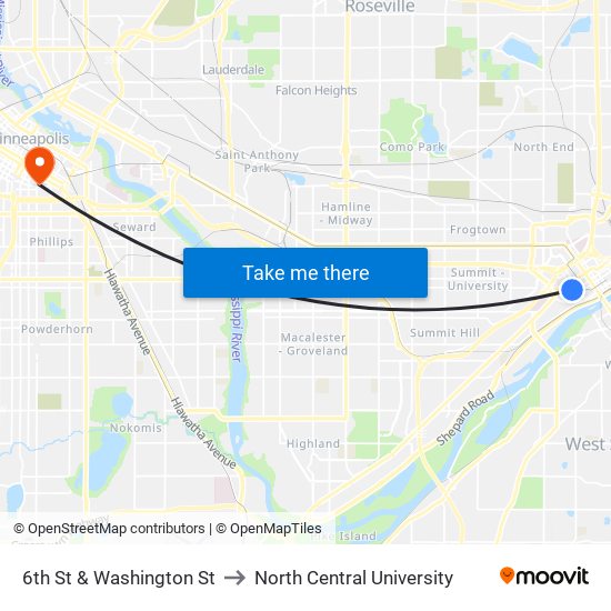 6th St & Washington St to North Central University map