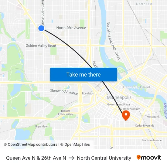 Queen Ave N & 26th Ave N to North Central University map