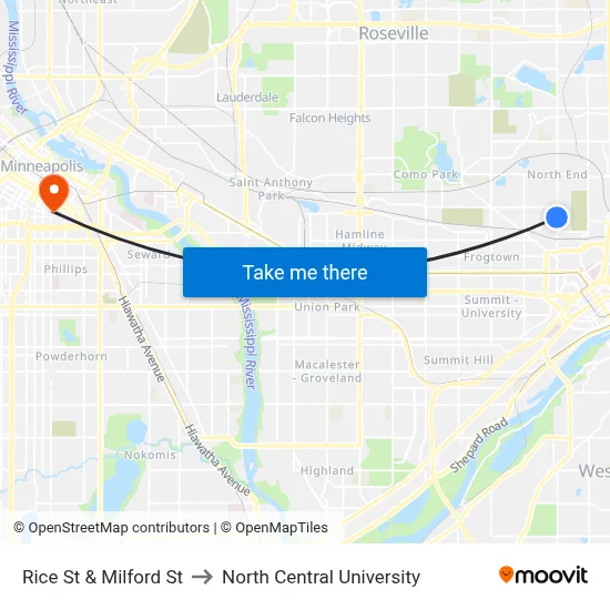 Rice St & Milford St to North Central University map