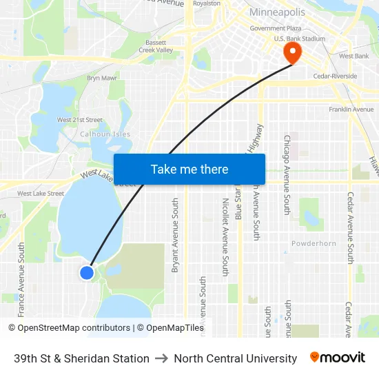 39th St & Sheridan Station to North Central University map