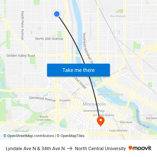 Lyndale Ave N & 34th Ave N to North Central University map