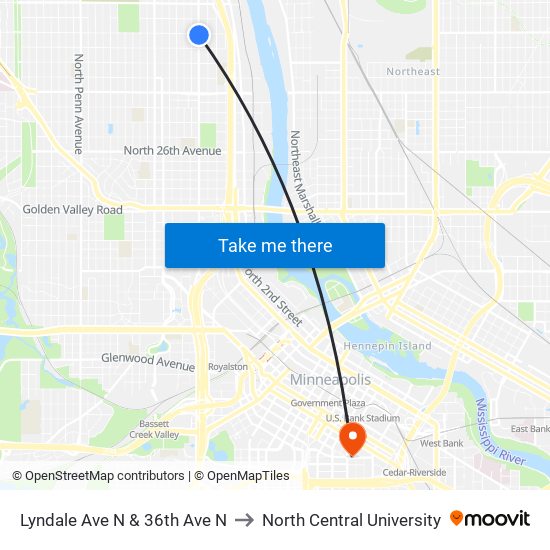 Lyndale Ave N & 36th Ave N to North Central University map