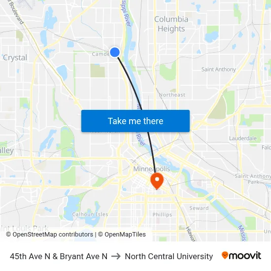 45th Ave N & Bryant Ave N to North Central University map
