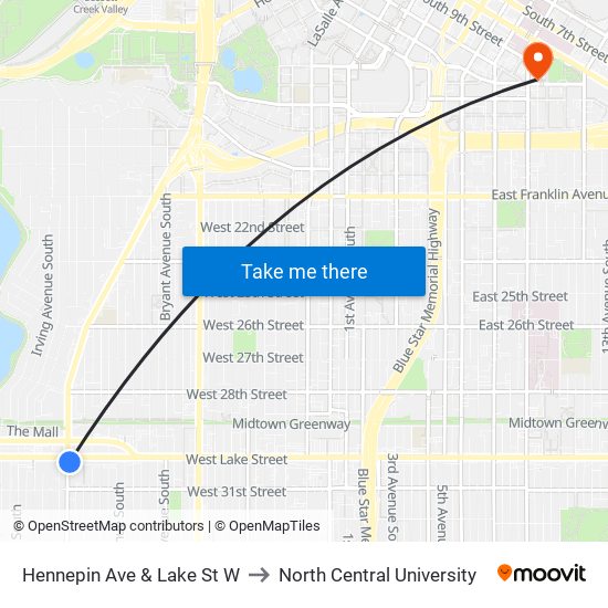 Hennepin Ave & Lake St W to North Central University map