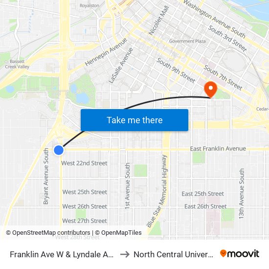 Franklin Ave W & Lyndale Ave S to North Central University map