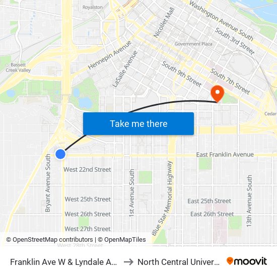 Franklin Ave W & Lyndale Ave S to North Central University map